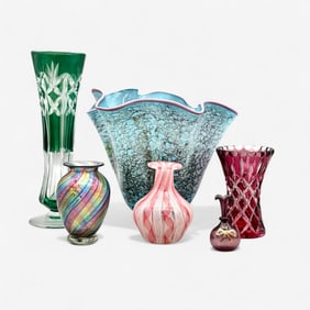 Group of Six Glass Vases, Some Signed