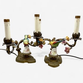 Early 20th Century Ormolu and Ceramic Bird Lamps