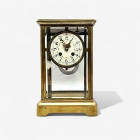 French Brass Mantle Clock with Painted Dial