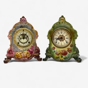 Pair of Royal Bonn Porcelain Clocks, Ansonia Works
