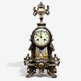 French Brass Mantle Clock with Painted Scenic