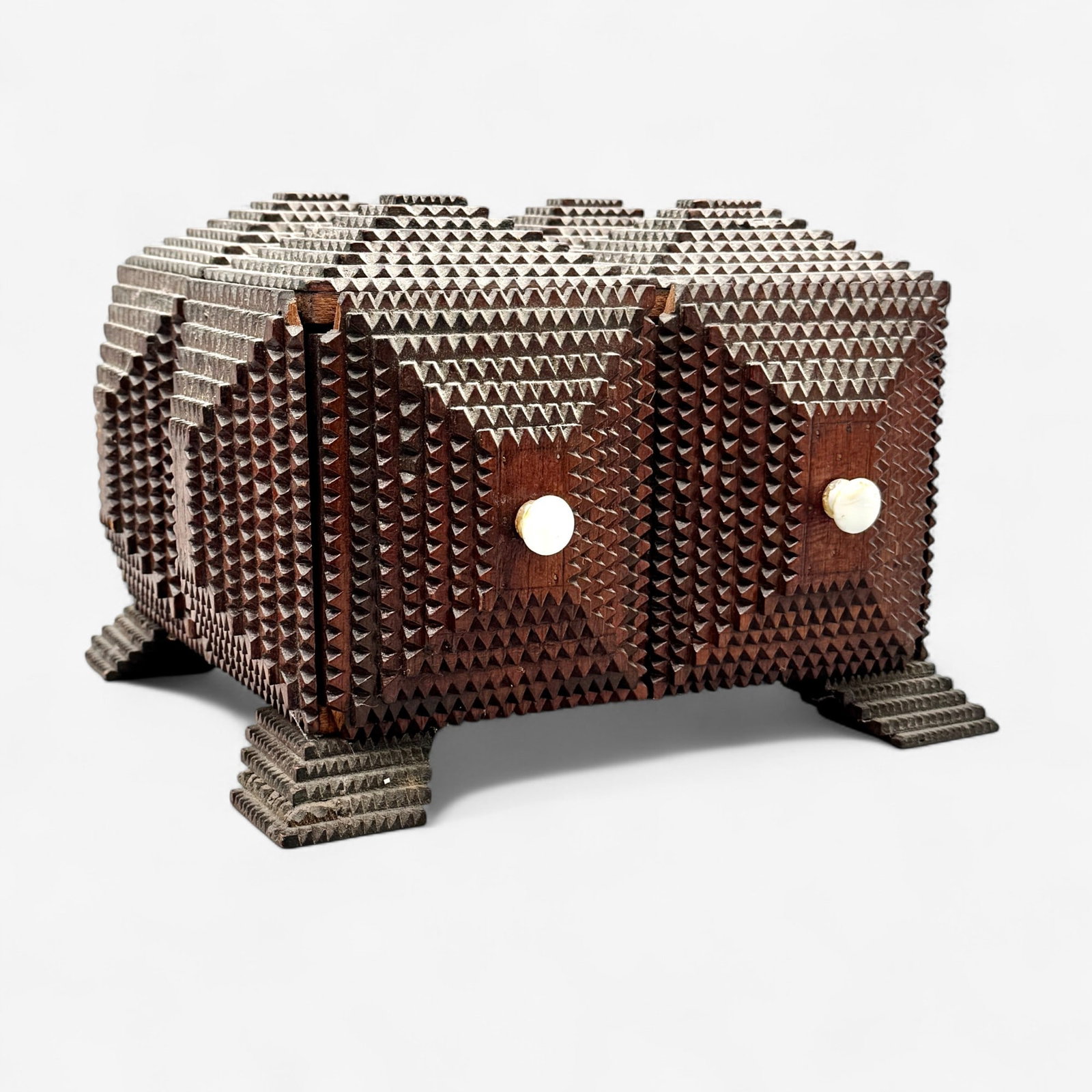 Fine Four Pyramid Tramp Art Box with Porcelain Handles (1 of 4)