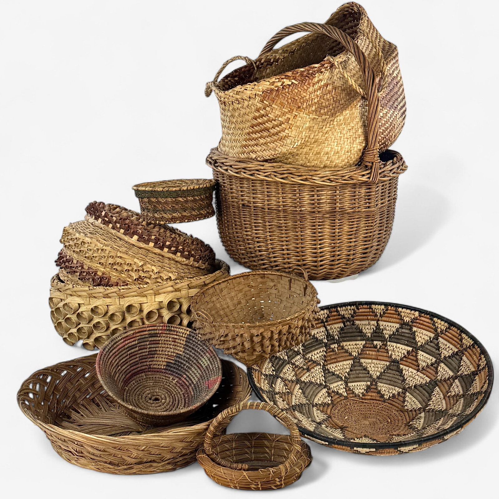 Large Group of Basketry and Decorative Weavings: Large and small, multiple weaving styles, plus traditional ornamental wheat weavings