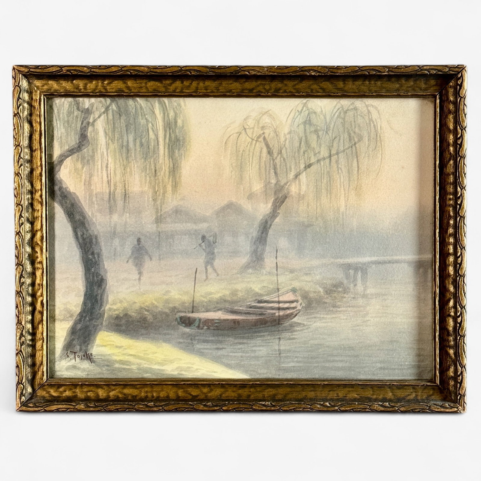 S. Tosuke Japanese Watercolor: Signed to the lower left by S. Tosuke. Watercolor of two figures fishing with boat. Housed in a simple frame. Sight size: 9.5" ht. x 12.5" wd., framed size: 11.5" ht. x 15" wd.