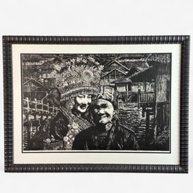 Large Woodblock of Two Chinese Figures by Zhang