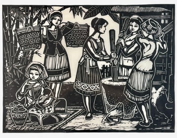 Woodblock of a Market Scene by Zhang