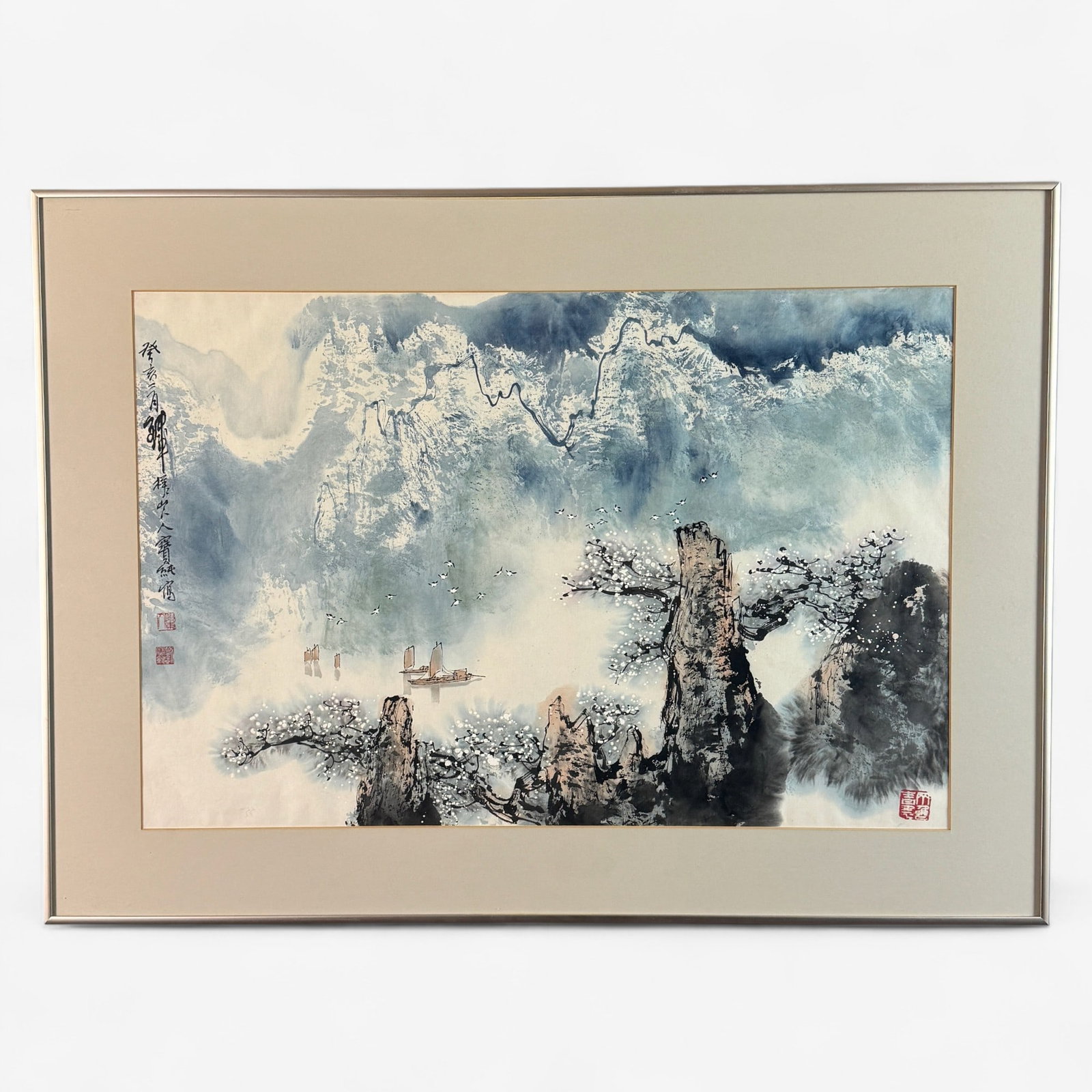 Pair of Chinese Gouache/Watercolor Originals: Both in nice frames with chop marks/signed. One depicting a home amongst landscape with trees and the second depicting a snowy mountainous landscape. Largest framed size: 24" ht. x 33" wd.