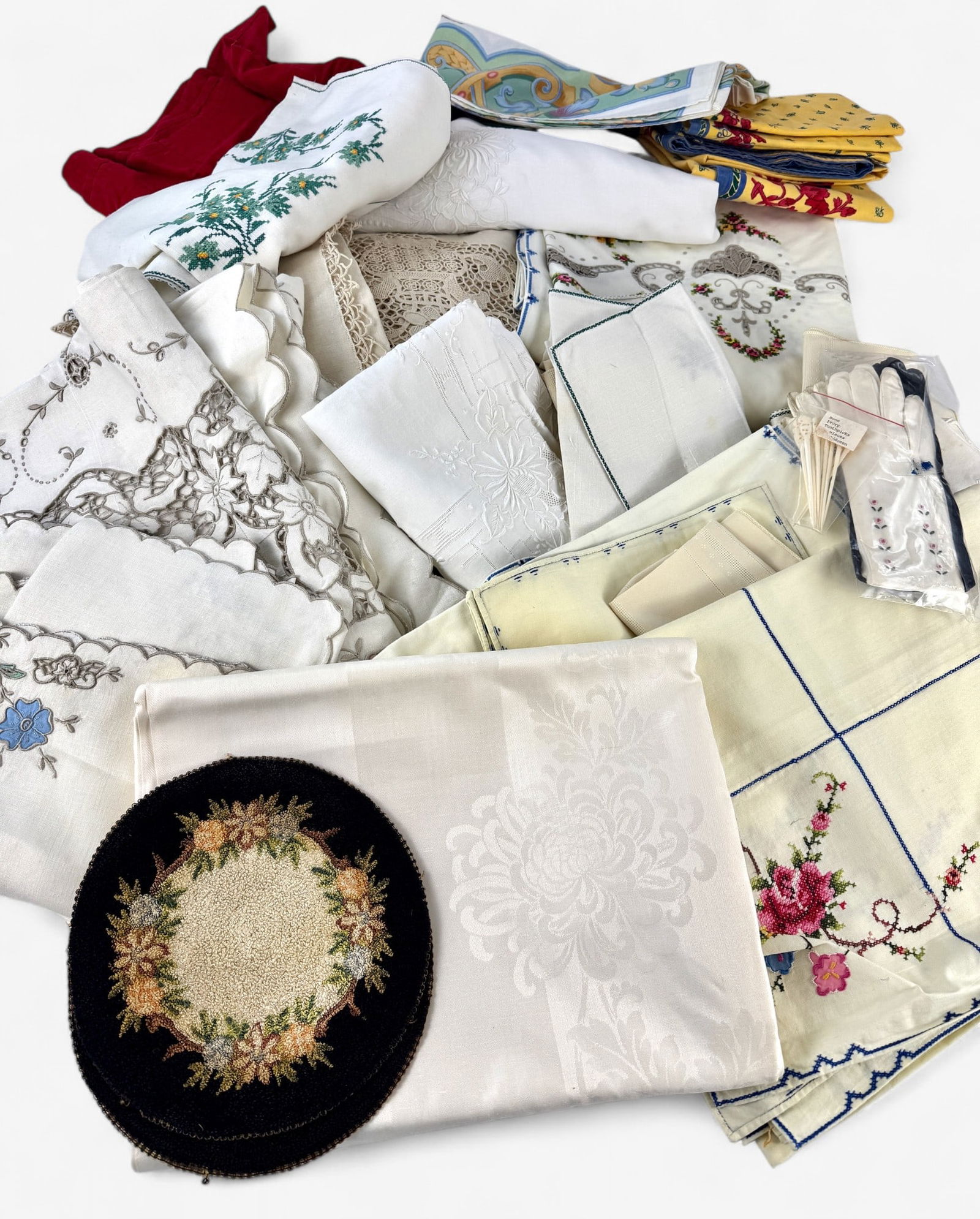 Collection of Antique Linens: Formal and informal table linens.