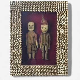 Pair of Early Carved Wooden Dolls in Sailors Valentine Frame