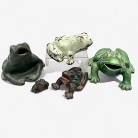 Grouping of Five Frogs, Cast Iron and Ceramic