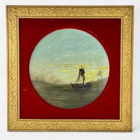 Oil on Concave Wood Panel, Maritime Scene