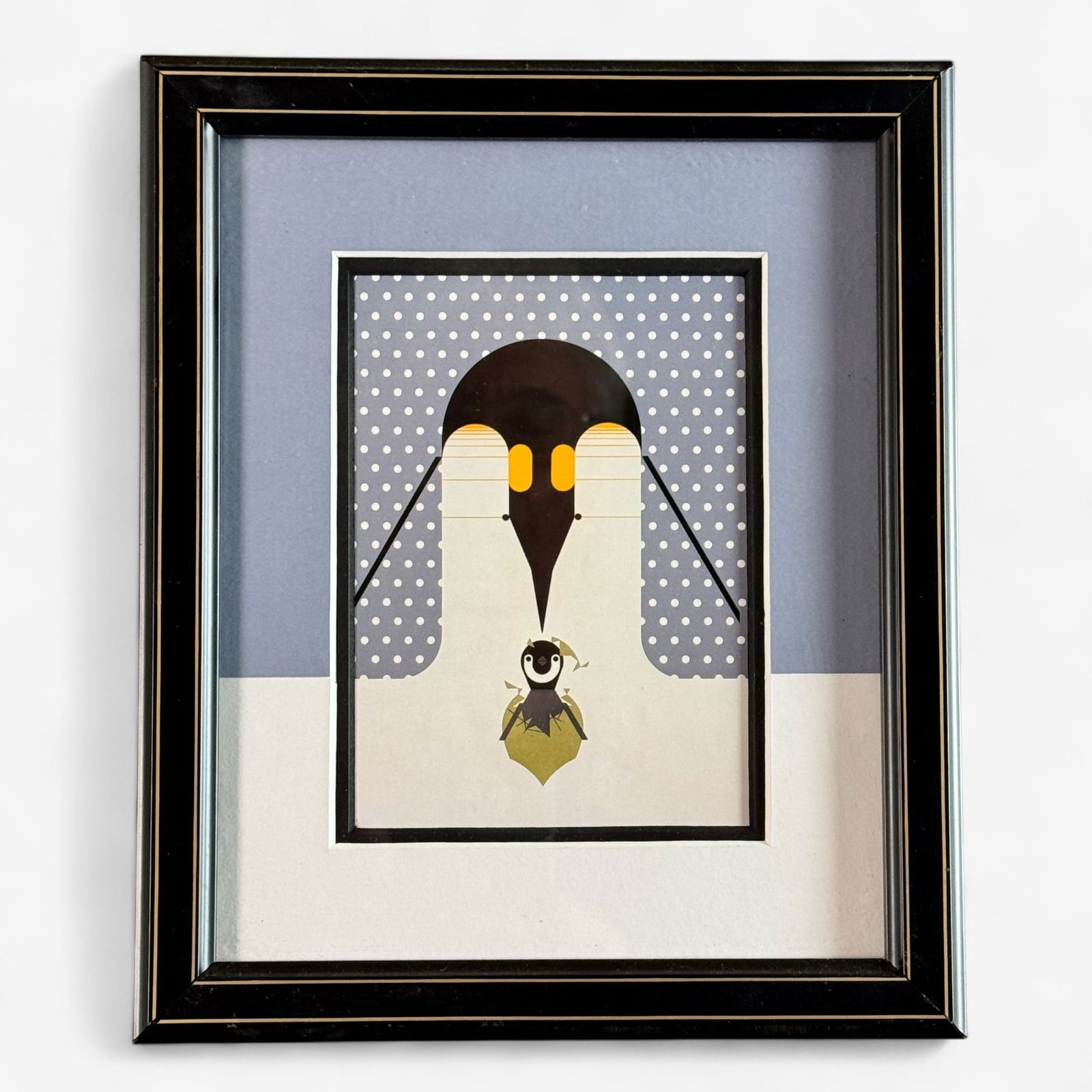 Three Charley Harper Prints: One "Meowy Christmas", one Penguin offset lithograph and one Offset lithograph ladybug print. Two of them dedicated to Father Philip Seher. All framed. Largest framed size: 18" x 13"