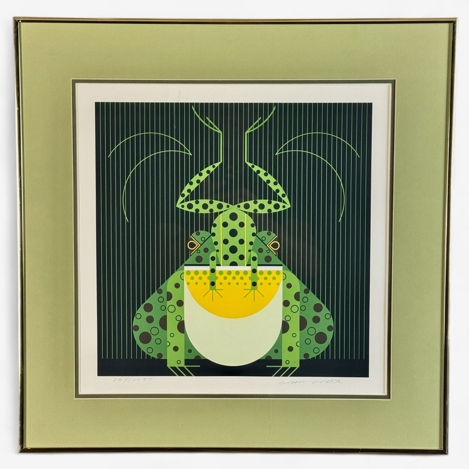 Three Charley Harper Lithographs: Lithographs include: "Buzz off, you Turkey", "Frog eat Frog" and "Ladybugs". All nicely framed, all signed and all numbered. Framed size of largest: 16" ht. x 30" wd.