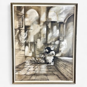 Large Oil by Robert Fabe, "Orange Vendor"