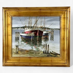 Pair of Oils, Boats in Harbor, Signed, Manner of Gruppe