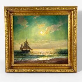 Pair of Oils, Signed, Sunset Seascapes with Boats