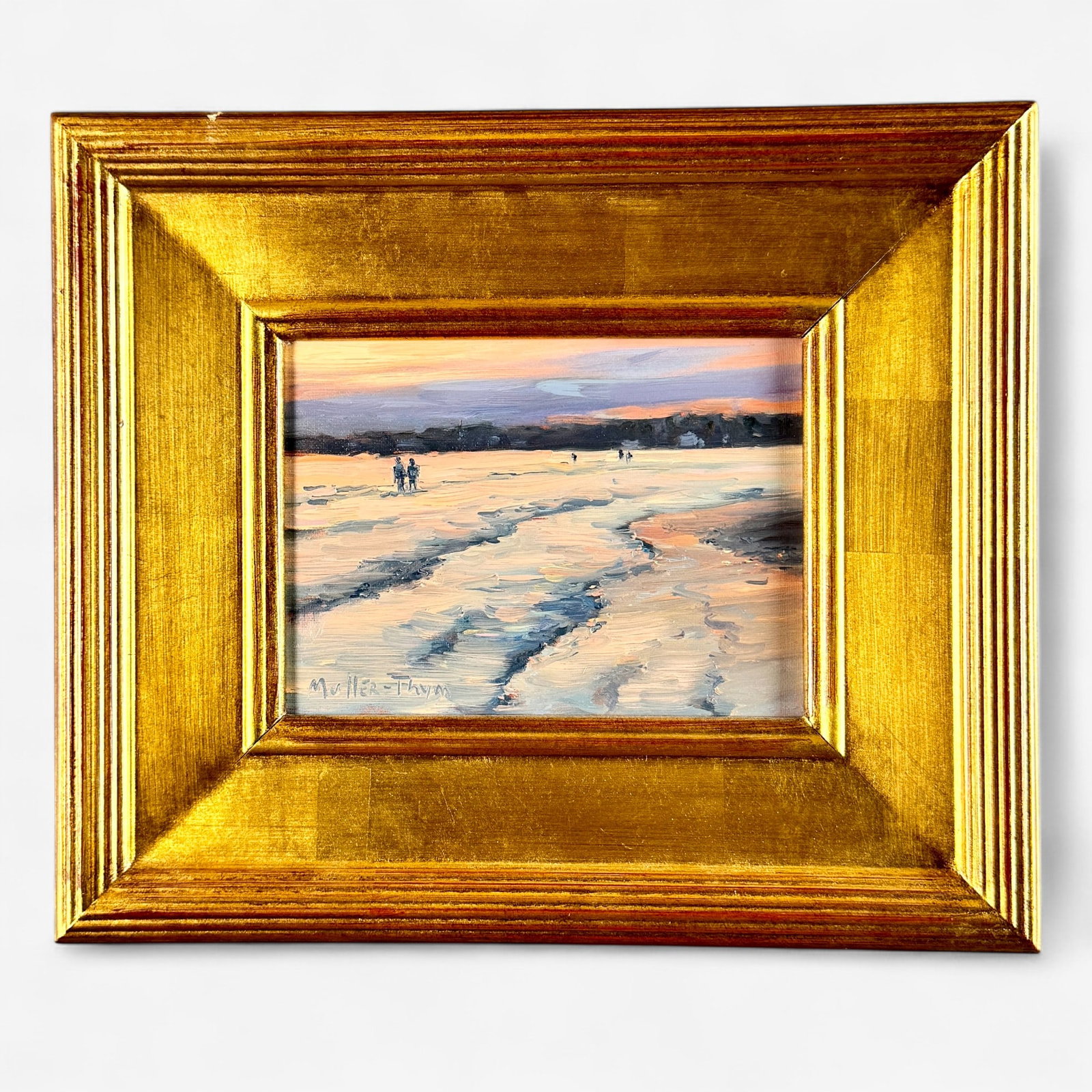 Kim Muller-Thym Oil on Board, "Low Tide": Oil on board, with Maritime Gallery label to verso. Signed to the lower left hand corner. Sight size: 6" ht. x 8" wd., framed size: 11.5" ht. x 13.5" wd.