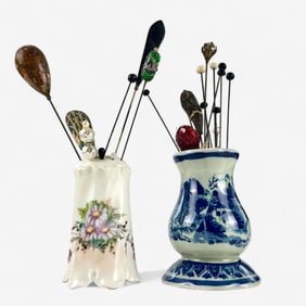 Assorted Hatpins and Two Ceramic Holders