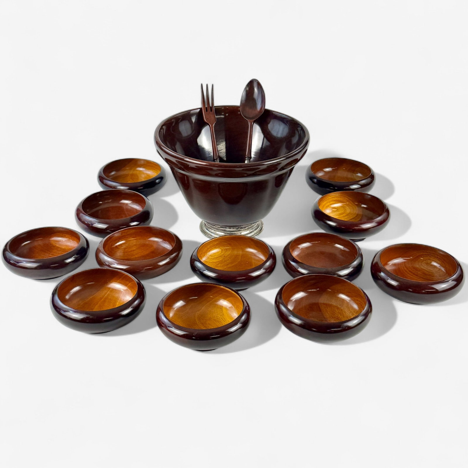 Hand Turned Mahogany Salad Bowl and Bowl Set (1 of 3)