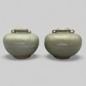 Pair of Longquan Celadon Handled Jars