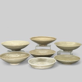 Collection of 7 Longquan Celadon Shallow Bowls