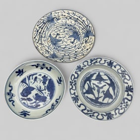 Three Ming Blue and White Porcelain Plates