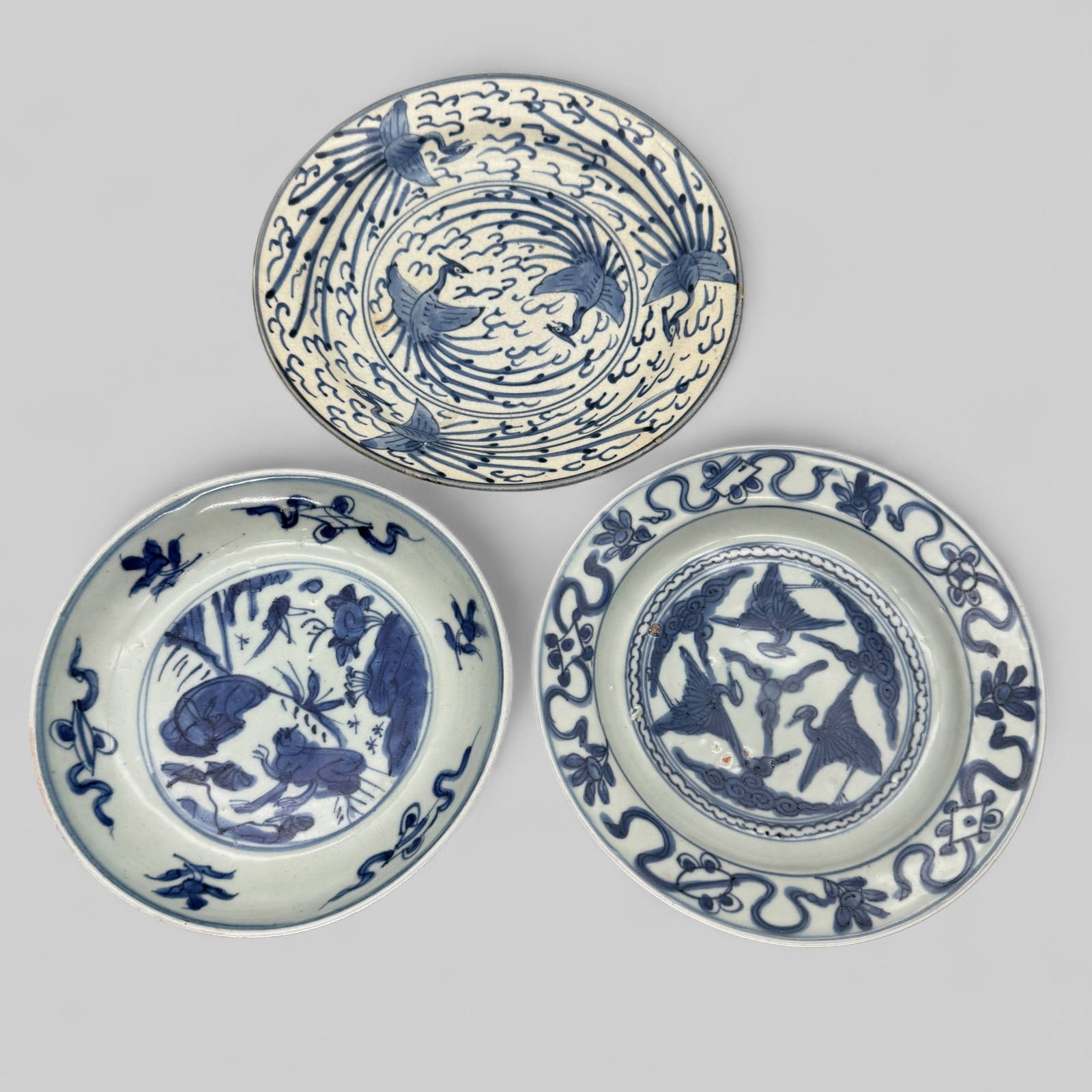 Three Ming Blue and White Porcelain Plates