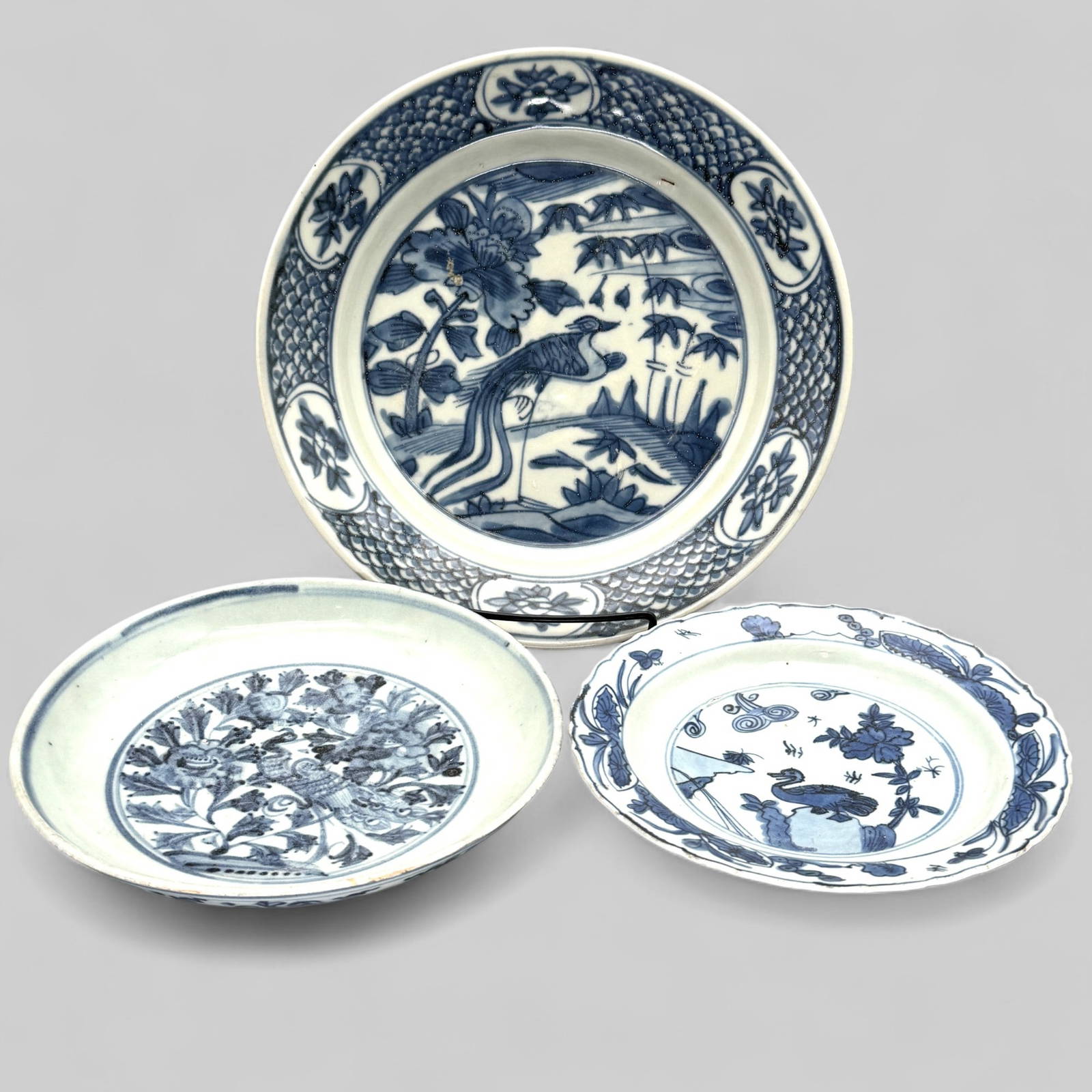 Three Ming Blue and White Porcelain Plates