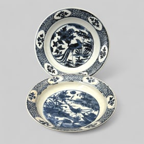 Pair of Large Ming Blue and White Decorated Bowls