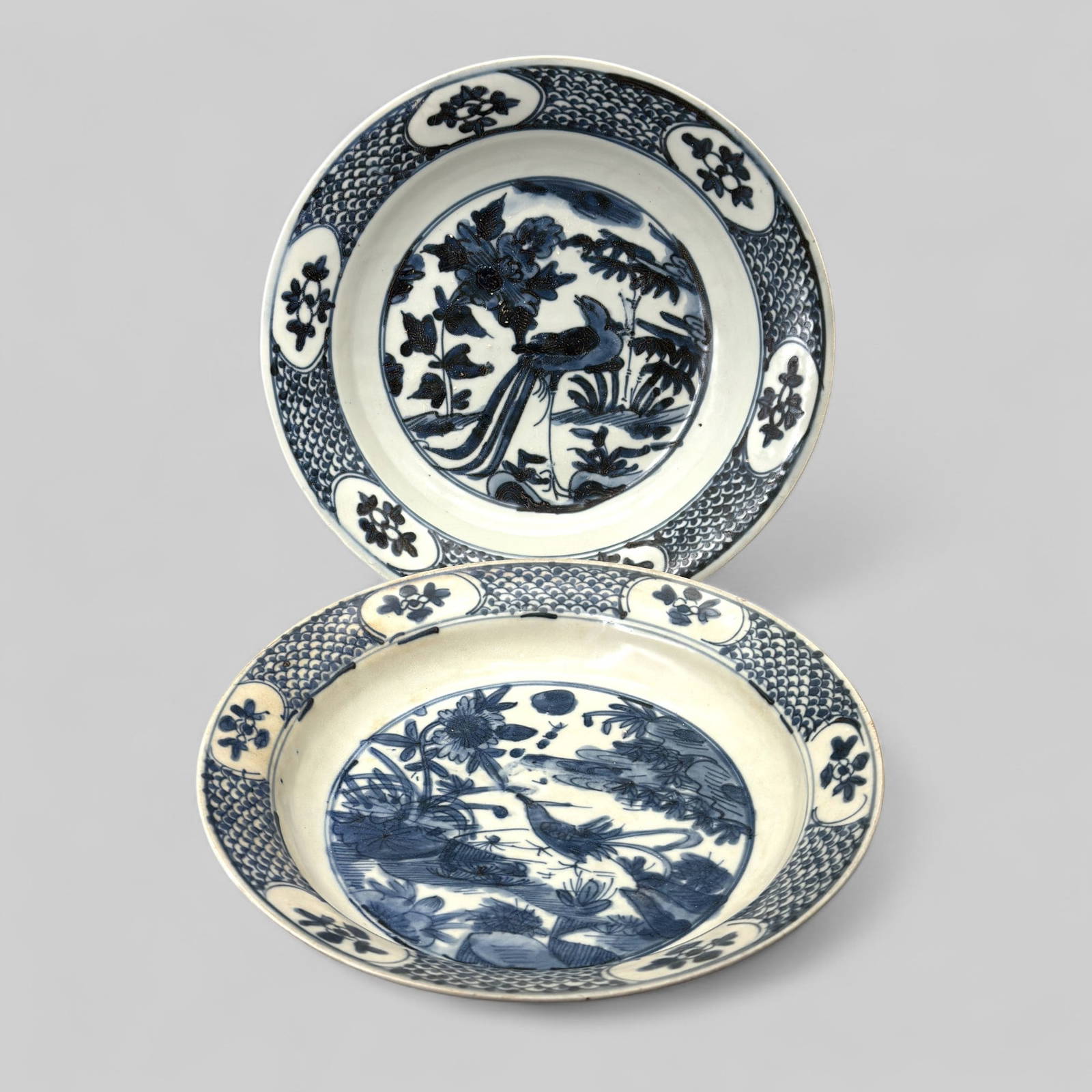Pair of Large Ming Blue and White Decorated Bowls