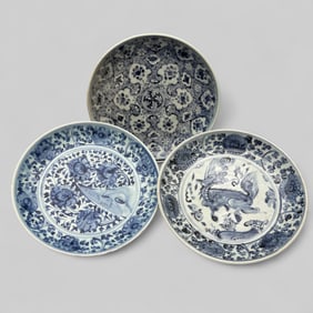 Three Large Ming Blue and White Decorated Chargers