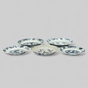 Five Ming Blue and White Bird Decorated Plates