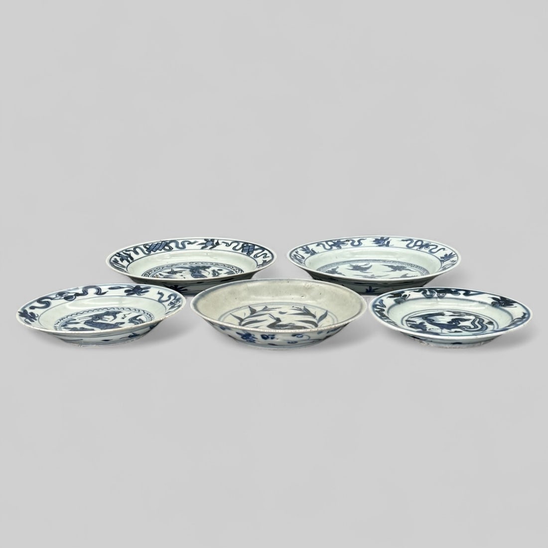 Five Ming Blue and White Bird Decorated Plates