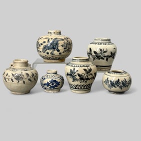 Six Blue and White Pottery Jars