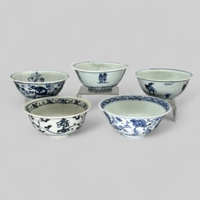 Five Ming Period Blue and White Bowls