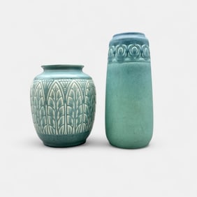 Two Rookwood production vases in blue