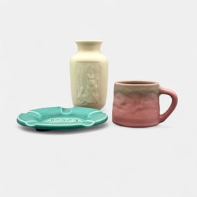 Three Rookwood items, vase, mug, tray