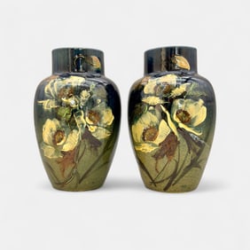 Pair of English Barbotine style vases, poppy decoration.