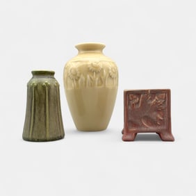 Three Rookwood Items.  Two vases and a matchholder.