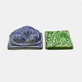 Two newer Pewabic items. Sleeping cat and rabbit tile.