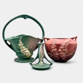 Three Roseville Foxglove items, basket, bowl and bud vase.
