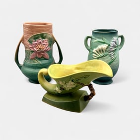 Three Roseville items.  Water Lily, Apple Blossom and Freesia