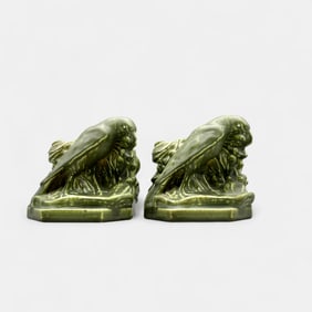 Pair of Rookwood "Rook" bookends in green mat glaze, 1930.