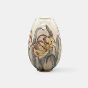 Colorful Rookwood Decorated Porcelain lamp vase, tulips, Holtkamp, 1950.