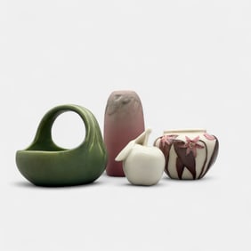 Four Rookwood items:  Vase, basket, Junior Decorator vase and Apple paperweight.