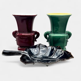 Three Rookwood production items, 2 vases and leaf tray.