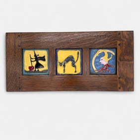 Flint Faience three tile tableau, Witch, Cat and Jester