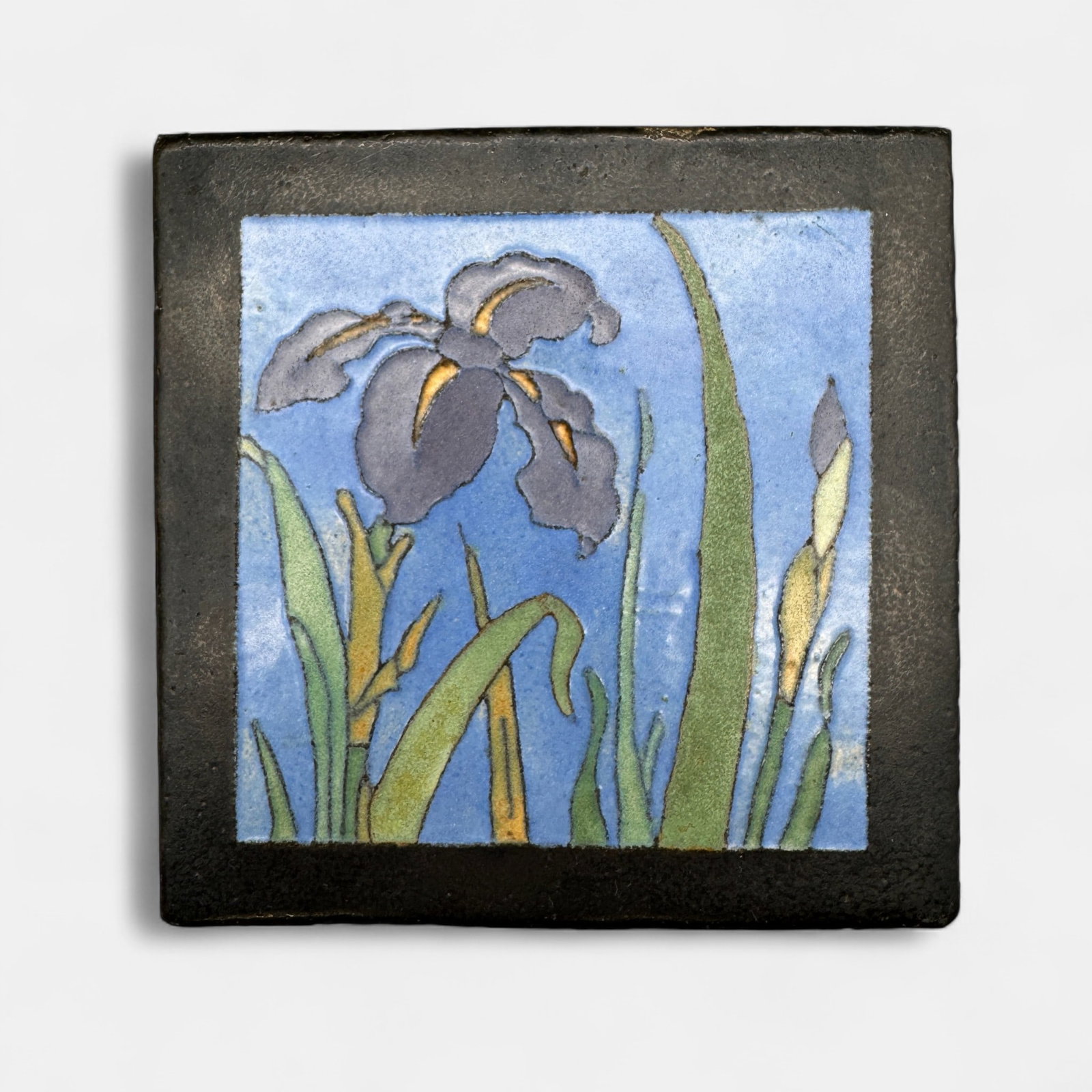 Flint Faience tile, blue iris, black border. (1 of 3)