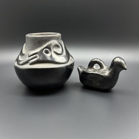 Rose Gonzales, San Ildefonso black on black Avanyu vase and duck figure.