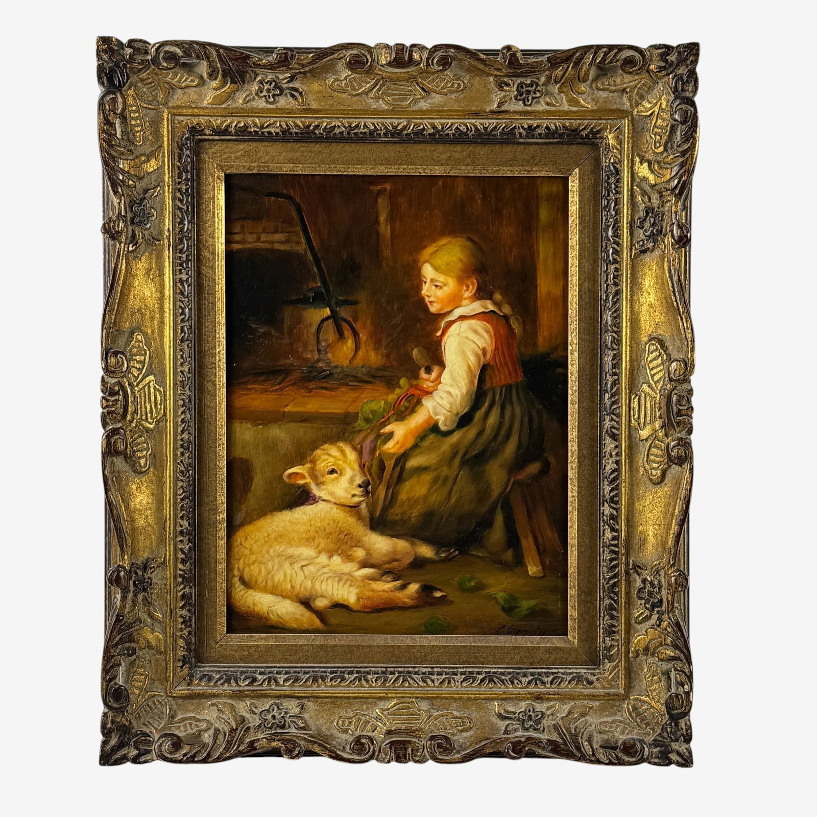 "Fireside Friend" by Ferdinand Schmutzer: Ferdinand Schmutzer (Austrian, 1870-1928). Oil on panel, signed l.r. and with a pair of labels to verso (misidentified life dates). 11" x 8.5" (sight), 17.5" x 14.5" (framed).